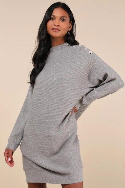 Lulus Cozy Stroll Grey Mock Neck Button Mini Sweater Dress