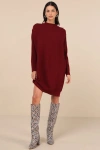 Lulus Cozy Stroll Wine Red Mock Neck Button Mini Sweater Dress In Wine Red