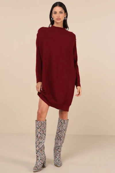 Lulus Cozy Stroll Wine Red Mock Neck Button Mini Sweater Dress