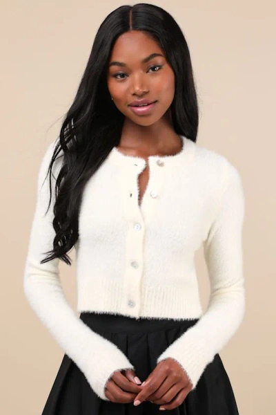 Lulus Cozy Sweetness Ivory Eyelash Knit Cropped Cardigan