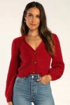 Lulus Cozy Touch Wine Red Eyelash Knit Button-up Cardigan Sweater In Wine Red
