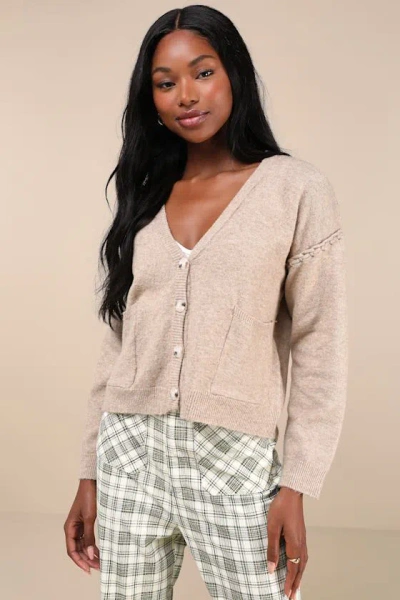 Lulus Cozy Venture Heathered Taupe Stitched Cardigan Sweater