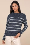 Lulus Cozy Warmth Navy Blue Marled Striped Sweater In Navy Blue