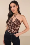 Lulus Creative Essence Brown Floral Cross-front Halter Bodysuit In Brown