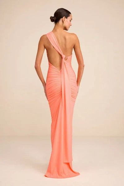 Lulus Cressida Peach Slinky Knit One-shoulder Mermaid Maxi Dress In Pink