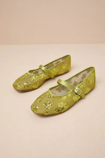 Lulus Cristen Green Mesh Sequin Buckle Ballet Flats