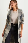 Lulus Cuddle Club Beige And Black Plaid Long Sleeve Coatigan In Gray