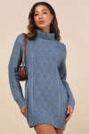 Lulus Cuddle Up Close Blue Cable Knit Turtleneck Sweater Dress In Blue