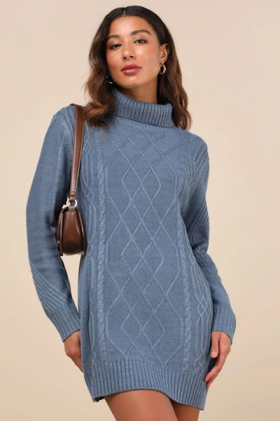Lulus Cuddle Up Close Blue Cable Knit Turtleneck Sweater Dress