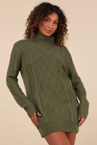 Lulus Cuddle Up Close Olive Green Cable Knit Turtleneck Sweater Dress
