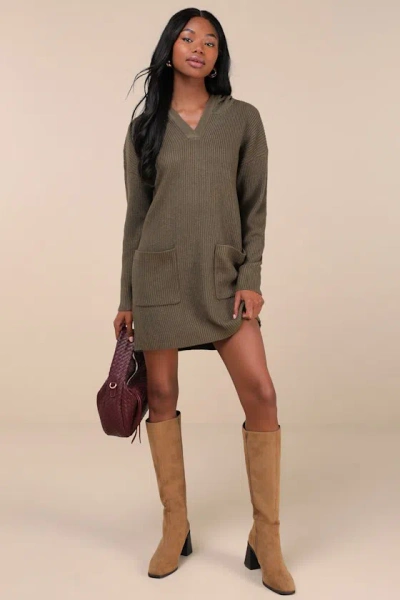 Lulus Cuddled Up Days Olive Green Hooded Mini Sweater Dress