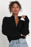 Lulus Cuddly Aesthetic Black Ribbed Quarter-zip Pullover Sweater In Black