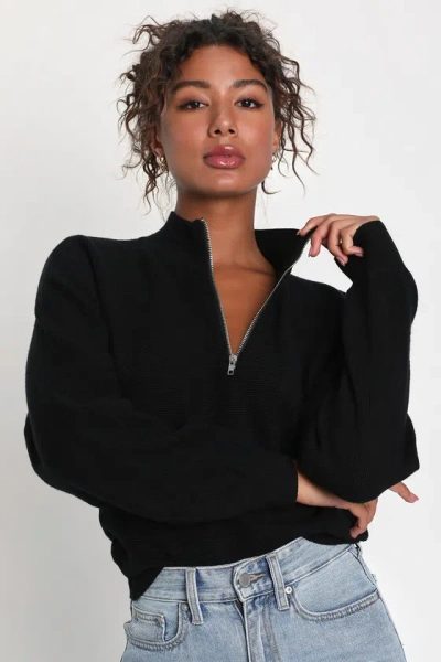 Lulus Cuddly Aesthetic Black Ribbed Quarter-zip Pullover Sweater