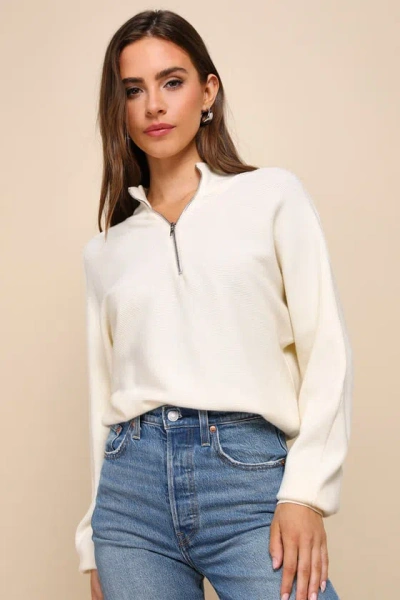Lulus Cuddly Aesthetic Ivory Ribbed Quarter-zip Pullover Sweater