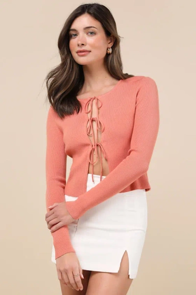 Lulus Cuddly Attitude Terracotta Tie-front Cardigan Sweater In Pink