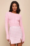 Lulus Cuddly Contentment Light Pink Cable Knit Cropped Sweater In Light Pink