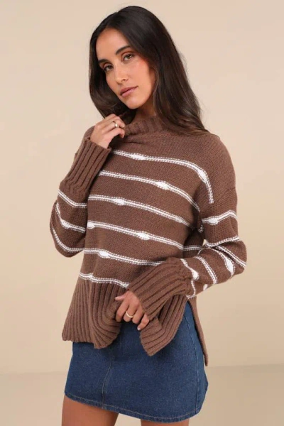 Lulus Cuddly Delight Brown Striped Mock Neck Pullover Sweater
