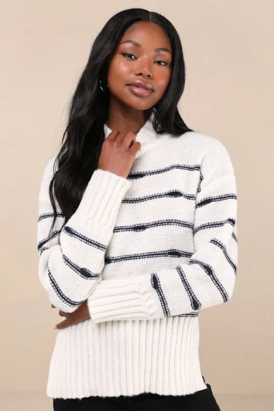 Lulus Cuddly Delight White Striped Mock Neck Pullover Sweater