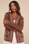 Lulus Cuddly Effect Brown Contrast Stitched Cardigan Sweater In Brown