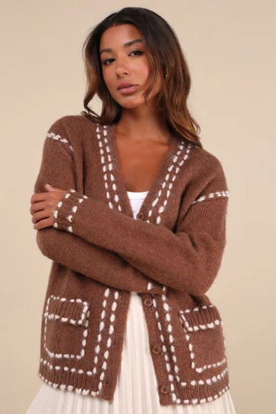 Lulus Cuddly Effect Brown Contrast Stitched Cardigan Sweater