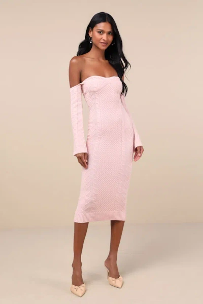 Lulus Cuddly Element Light Pink Cable Knit Off-the-shoulder Midi Dress