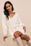 Lulus Cuddly Forecast Ivory Long Sleeve Belted Sweater Mini Dress In Ivory
