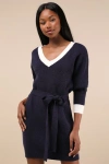 Lulus Cuddly Forecast Navy Long Sleeve Belted Sweater Mini Dress In Navy