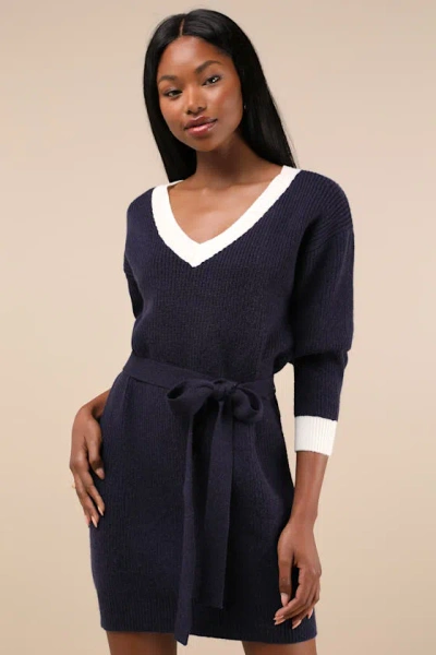 Lulus Cuddly Forecast Navy Long Sleeve Belted Sweater Mini Dress