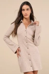 Lulus Cuddly Sweetness Heather Beige Button-front Sweater Mini Dress In Beige
