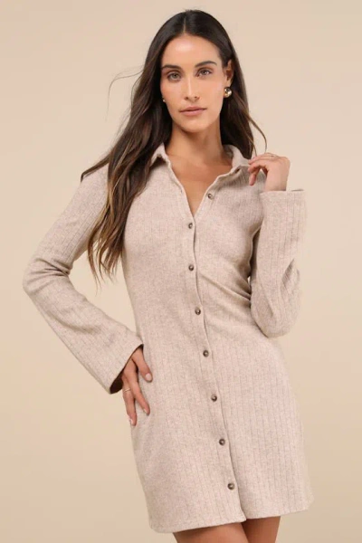 Lulus Cuddly Sweetness Heather Beige Button-front Sweater Mini Dress