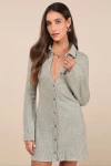 Lulus Cuddly Sweetness Heather Green Button-front Sweater Mini Dress In Green
