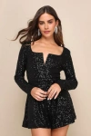 Lulus Cue The Shine Black Sequin Long Sleeve Romper In Black