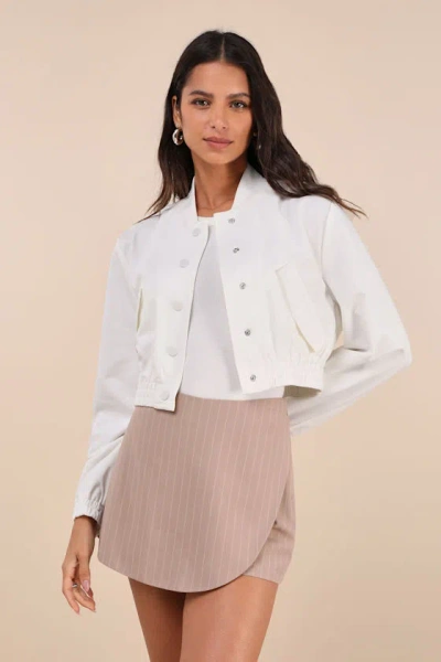 Lulus Cultivated Coolness White Twill Cropped Bomber Jacket