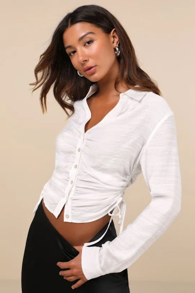 Lulus Cultivated Crush White Burnout Ruched Button-up Long Sleeve Top
