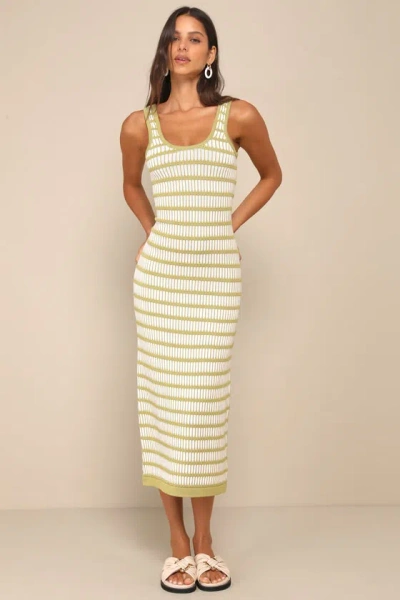 Lulus Curated Choice Green And Ivory Striped Cutout Knit Midi Dress