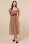 Lulus Curated Crush Tan Tulle Ruched Swiss Dot Puff Sleeve Midi Dress In Tan