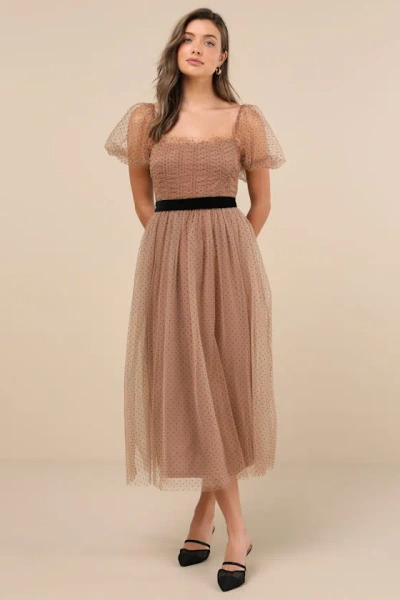 Lulus Curated Crush Tan Tulle Ruched Swiss Dot Puff Sleeve Midi Dress