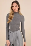 Lulus Curated Forecast Charcoal Grey Ribbed Mock Neck Sweater Top In Charcoal Grey