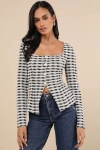 Lulus Curated Look Black And Ivory Plaid Long Sleeve Top In Black And Ivory