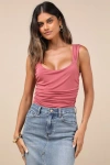 LULUS CUT OUT FOR SUMMER RUSTY ROSE RUCHED TIE-BACK BODYSUIT