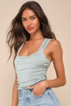 Lulus Cut Out For Summer Sage Green Ruched Tie-back Bodysuit In Sage Green