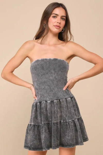 Lulus Cute Always Black Mineral Washed Ribbed Tiered Mini Dress In Gray