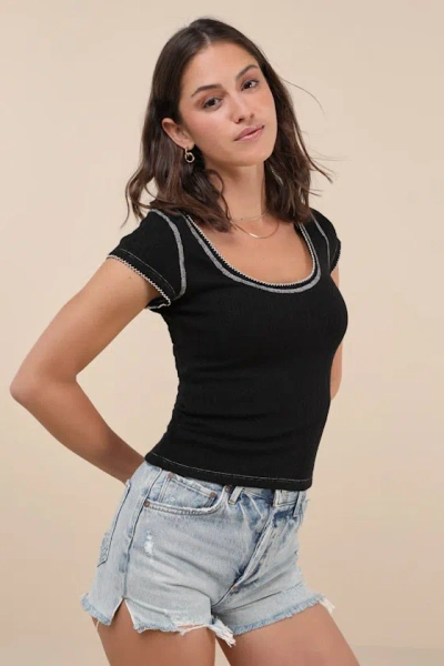 Lulus Cute Decision Black Pointelle Knit Short Sleeve Top
