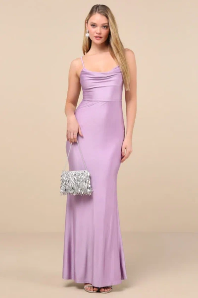 Lulus Cute Definition Lavender Slinky Knit Cowl Neck Maxi Dress In Purple