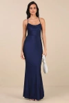 Lulus Cute Definition Navy Slinky Knit Cowl Neck Maxi Dress In Navy