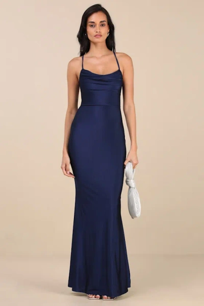 Lulus Cute Definition Navy Slinky Knit Cowl Neck Maxi Dress