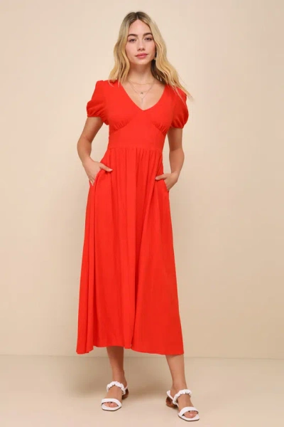 Lulus Cute Delight Red Orange Linen Backless Midi Dress With Pockets