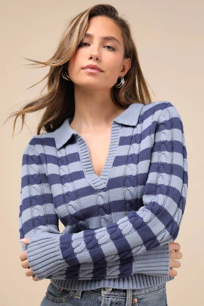 Lulus Cute Excellence Blue Striped Cable Knit Sweater