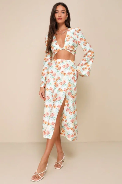 Lulus Cute Expertise Light Sage Green Floral High-waisted Midi Skirt