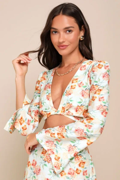 Lulus Cute Expertise Light Sage Green Floral Twist-front Crop Top